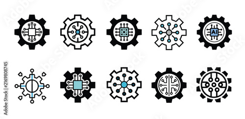 Minimal geometric outline vector icon featuring a single mechanical gear combined with a small AI circuit node, representing automated processes and intelligent systems. 