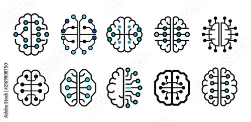 Minimal geometric outline vector icon of a simplified human-like AI brain connected to small circuit nodes, representing intelligent automation and machine learning.