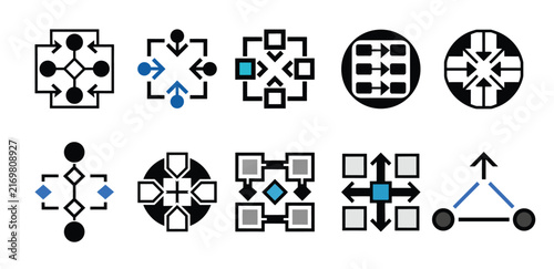 Minimal geometric outline vector icon showing three connected process nodes linked by smooth directional arrows, representing an automated workflow system.
