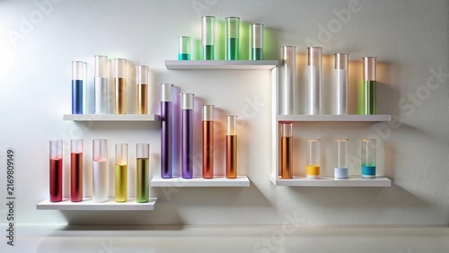 Colorful Cylindrical Vessels Arranged on Modern Shelves in a Clean, Minimalist Setting