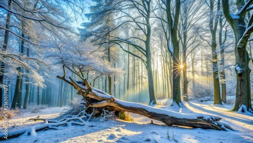 Winter Sunrise Illuminates a Fallen Log in a Snow Covered Forest