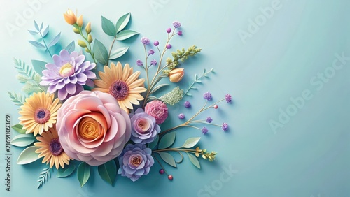 Elegant Pastel Paper Flowers Arranged on a Soft Blue Background, a Delicate Floral Composition