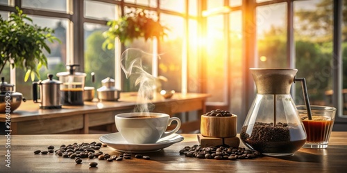 Aromatic Morning Coffee Brew Steaming Cup and Coffee Beans on Wooden Table with Sunlit Window Background