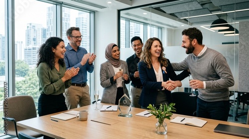 Diverse team celebrating success, shaking hands in modern office meeting room