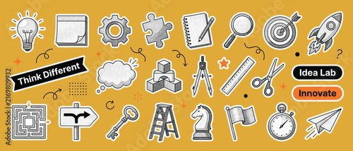Fotografía Creative idea halftone collage sticker set vector with lightbulb puzzle piece co