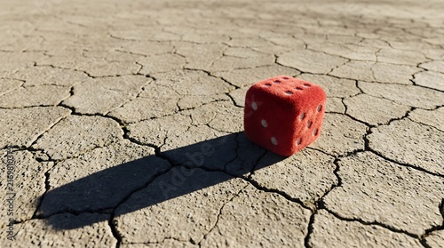Fuzzy red car dice resting on severely cracked dry earth illustrating how arbitrary human decisions impact vulnerable environmental ecosystems