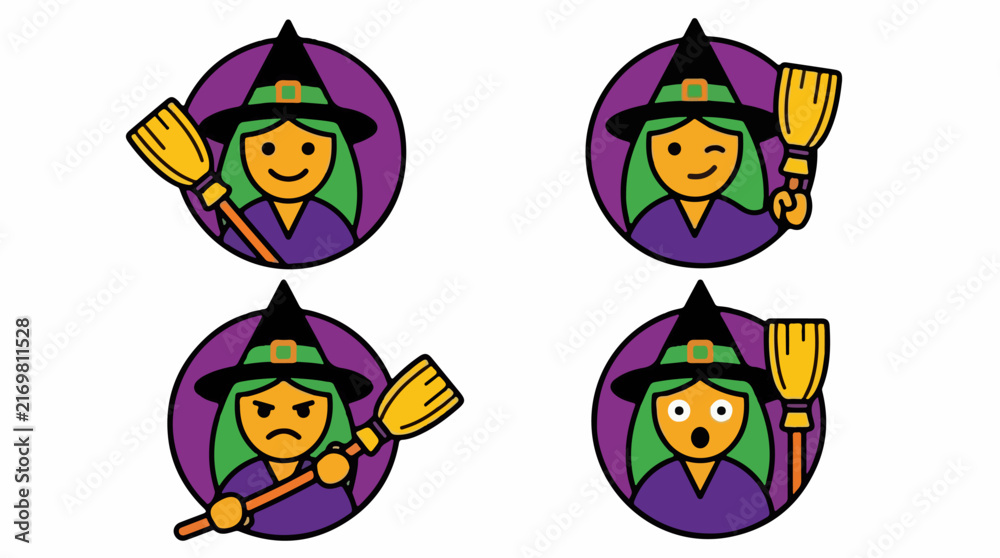 Fototapeta premium Cartoon Witch with Broom and Pointed Hat
