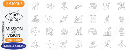 Business Mission and Vision Line Icons. Vector Strategic Goals, Target Achievement, and Future Leadership Symbols with Editable Stroke.
