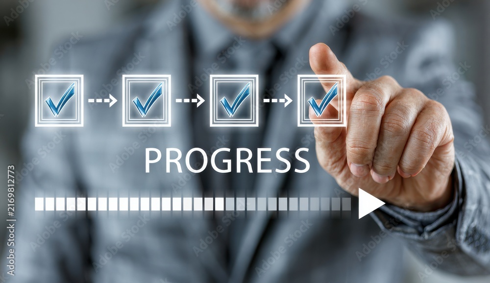 Obraz premium A business professional interacting with a digital progress bar interface to track project milestones and completion status in corporate settings