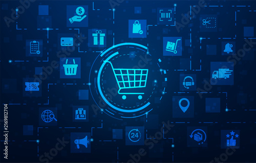 online shopping e-commerce digital global technology on blue background. shop store and delivery concept. vector illustration fantastic technology