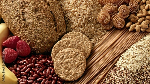 A rustic assortment of healthy whole grain foods including artisan bread rice cakes red beans nuts and various seeds