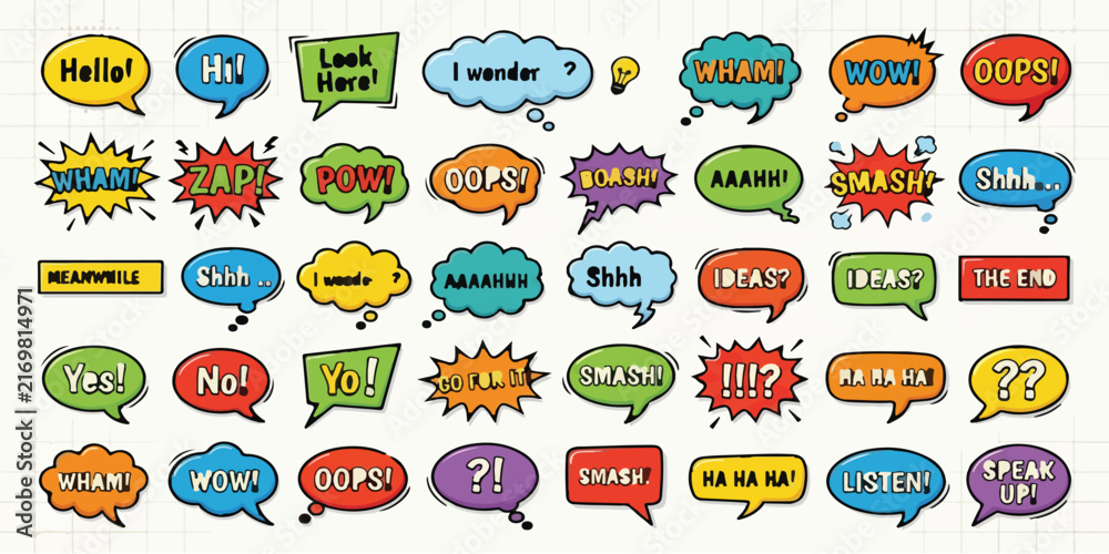 Fototapeta premium Assorted comic speech bubbles and dialogue boxes with colors speech bubble comic book dialogue box pop art cartoon balloon colorful set text effect thought bubble graphic design fun graphics