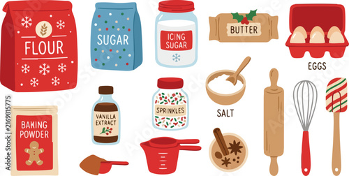 Christmas baking ingredients and kitchen utensils arranged together for holiday pastry preparation and festive cookie making activities featuring flour sugar butter and eggs with spices