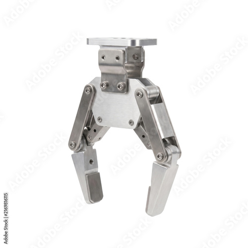 Fotografie Industrial robotic gripper mechanism with articulated metal fingers on transpare