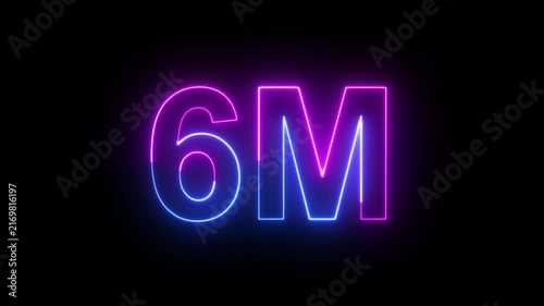 6M Blue and Pink Neon Milestone Animation with Glowing Number on Dark Background. Ideal for subscriber celebrations, social media achievements and digital promotions.