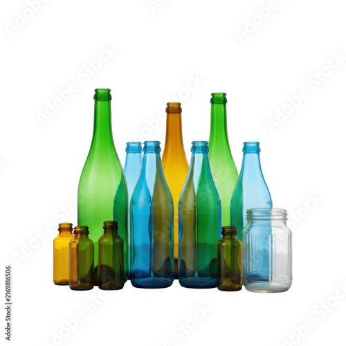 Collection of visually diverse, reflective empty glass bottles (green, blue, amber, clear) on transparent, transparent background, crisp studio lighting, macro, concept of recycling