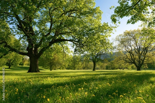 Quiet spring meadow in a park with venerable trees, soft light and fresh colorful flowers