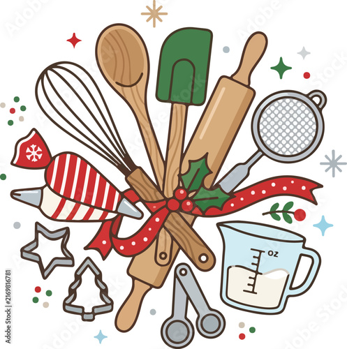Festive holiday baking tools arranged together with rolling pins whisks and measuring cups adorned by seasonal decorative ribbons and winter holiday symbols for culinary celebration projects