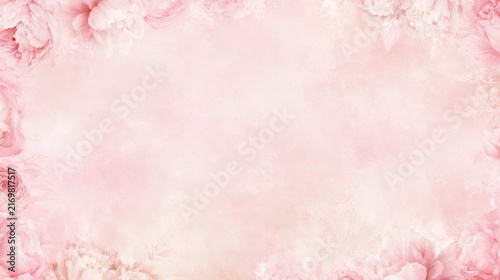 Romantic pink floral composition featuring peonies and roses in a delicate vintage frame with copy space