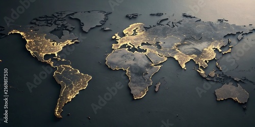 World Map with Illuminated Countries in Gold and Black,blue,Elegant illuminated world map for global business.