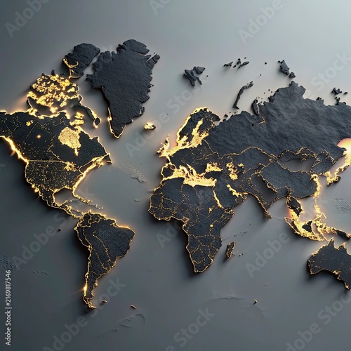 World Map with Illuminated Countries in Gold and Black,blue,Elegant illuminated world map for global business.