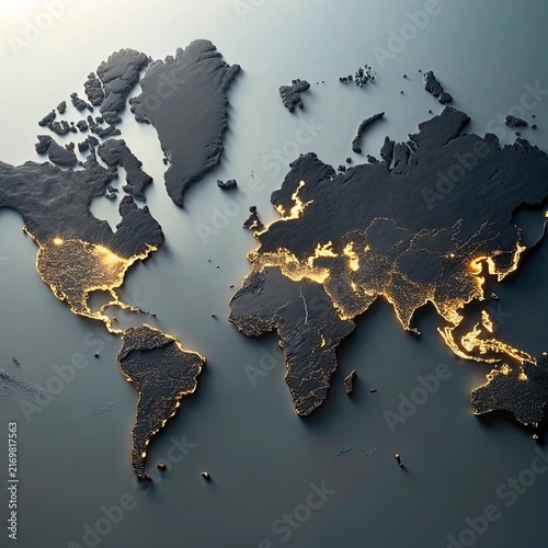 World Map with Illuminated Countries in Gold and Black,blue,Elegant illuminated world map for global business.