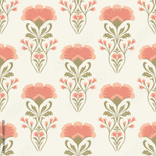 Seamless block print floral pattern with vintage folk flower motif, coral blossom, olive foliage and delicate botanical ornament on a warm cream background for textile design