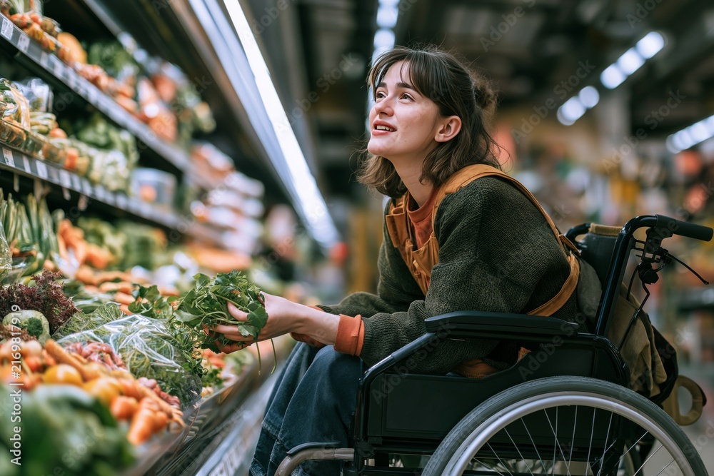Obraz premium Enjoying fresh greens while exploring a vibrant market in a wheelchair