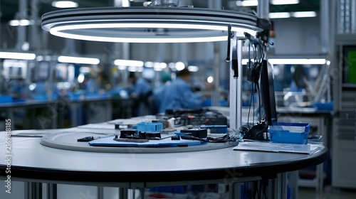 Modern factory workstation with circular inspection table under bright overhead lighting  clean surfaces and organized tools for precision