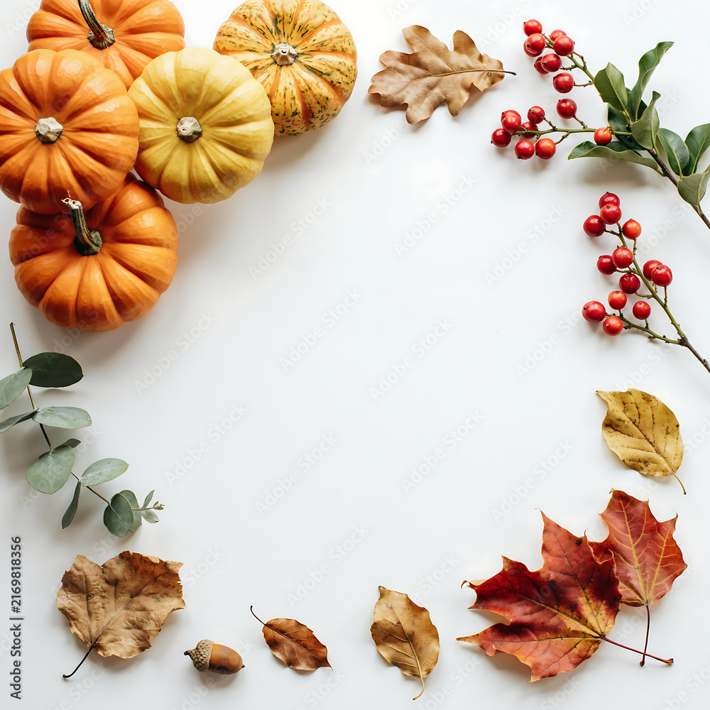 Fototapeta premium Autumn still life with pumpkins leaves and berries on white background