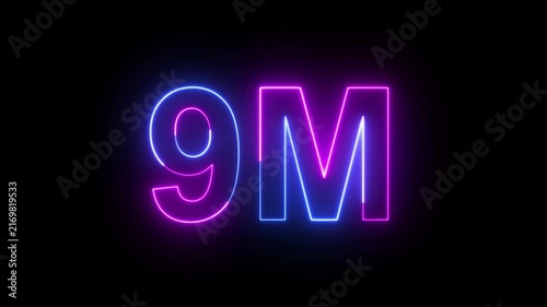 9M Blue and Pink Neon Milestone Animation with Glowing Number on Dark Background. Ideal for subscriber celebrations, social media achievements and digital promotions.