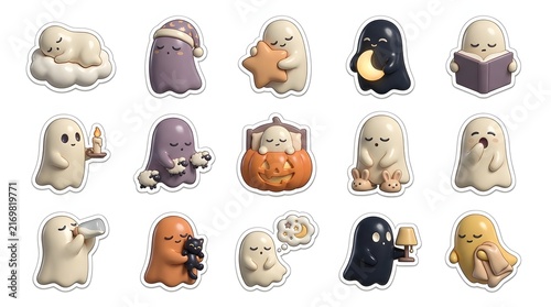 A cute collection of various ghosts forming a fun halloween sticker bundle for seasonal party decorations