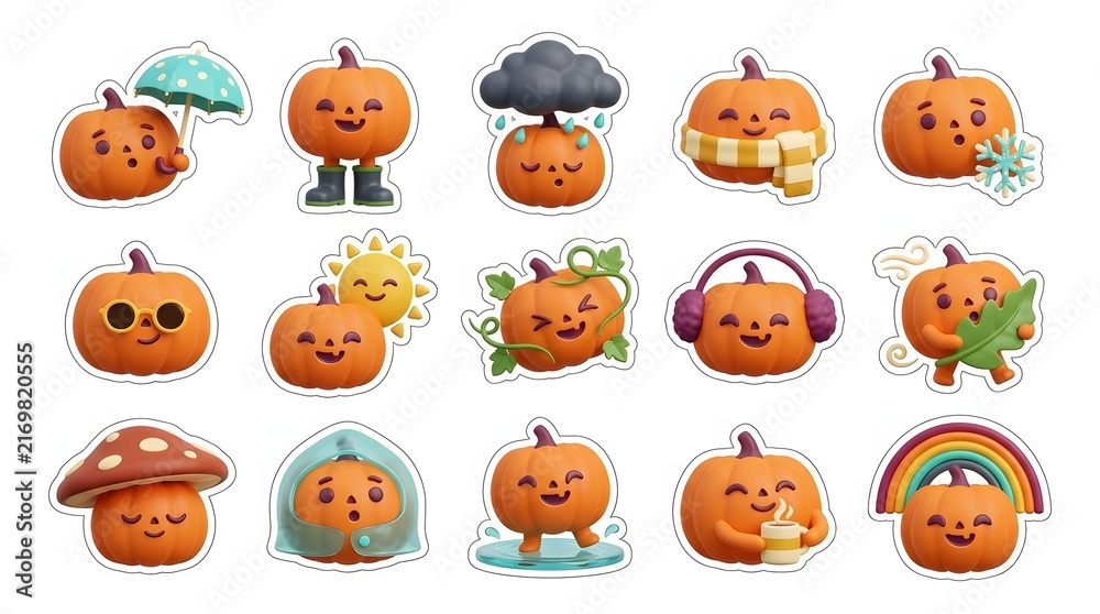 Fototapeta premium Cute kawaii halloween sticker bundle featuring adorable cartoon pumpkins with various funny expressions and festive accessories
