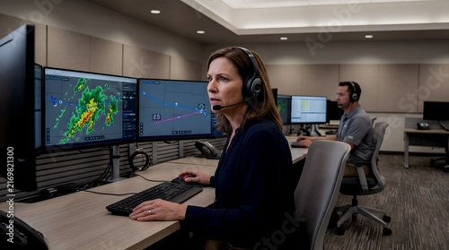 Focused female air traffic controller wearing a headset, monitoring weather radar and flight paths on multiple large screens in a modern control center, with a male colleague in