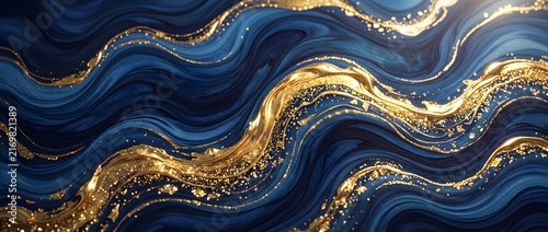 Wide Dark Blue Fluid Wave Background with a Thick Flowing Gold River