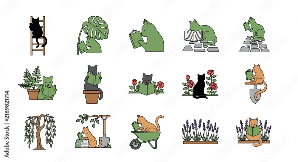 Fototapeta premium Charming Cats Engaging in Various Garden Activities and Playful Poses.