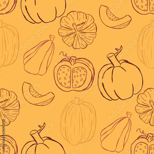 Pumpkin seamless pattern in hand drawn line art with pumpkins and sliced shapes, designed for autumn fabric, wrapping paper, stationery and seasonal packaging.