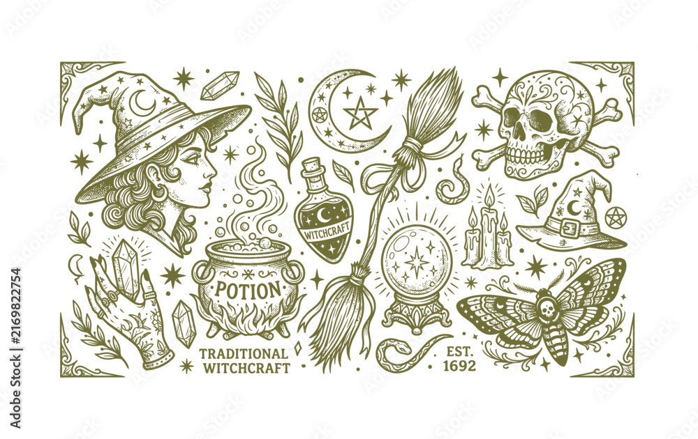 Naklejka premium Vintage nautical tattoo flash set with traditional American-style silhouette
