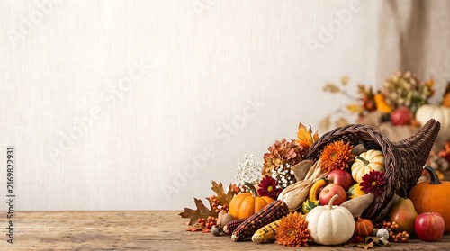 Halloween Template With Autumn Cornucopia In One Corner, Pumpkins Apples, Corn