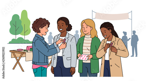 Diverse women participate in breast cancer awareness event pinning pink ribbons outdoors