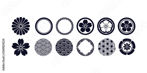 Collection of twelve dark blue Japanese mon crests and patterns on a white background Japanese crests vector illustration