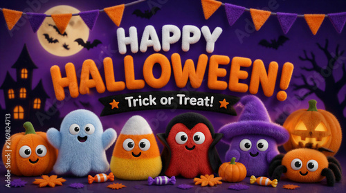 cute Halloween design, featuring fluffy plush text and cute characters including pumpkin, ghost, candy corn, vampire, spider, surrounded by candy and autumn leaves
