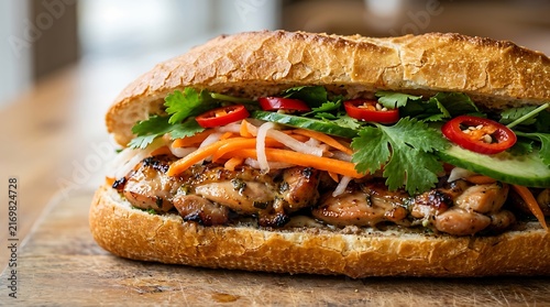 Delicious vietnamese banh mi sandwich with grilled pork carrots cilantro and chili on wooden table. chicken banh mi sandwich thigh
