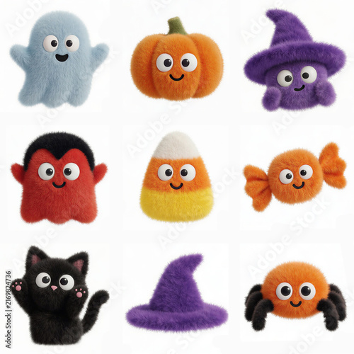 collection of cute fluffy Halloween monsters, featuring ghost, pumpkin, purple witch hat, devil, candy corn character, black cat, orange spider, on white background