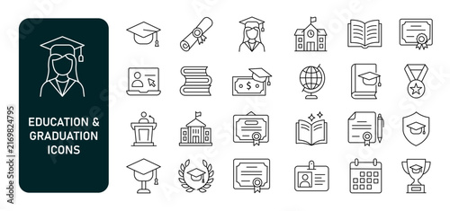 Education and graduation icon set. Academic learning, university degree, student and e-learning thin line icons. Editable stroke vector illustrations.