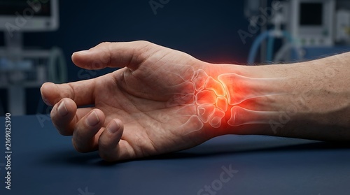 Human Hand with X-ray Overlay Showing Glowing Red Wrist Joint Pain and Carpal Tunnel Syndrome