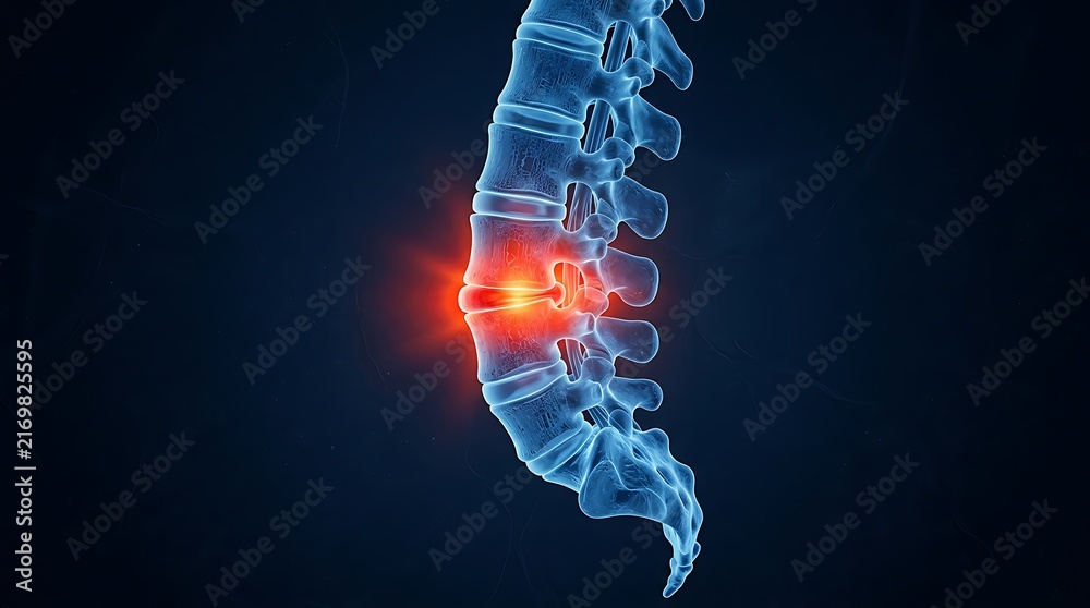 Obraz premium 3D Spine Lateral View Showing Glowing Red Herniated Disc Degenerative Disc Disease and Back Pain