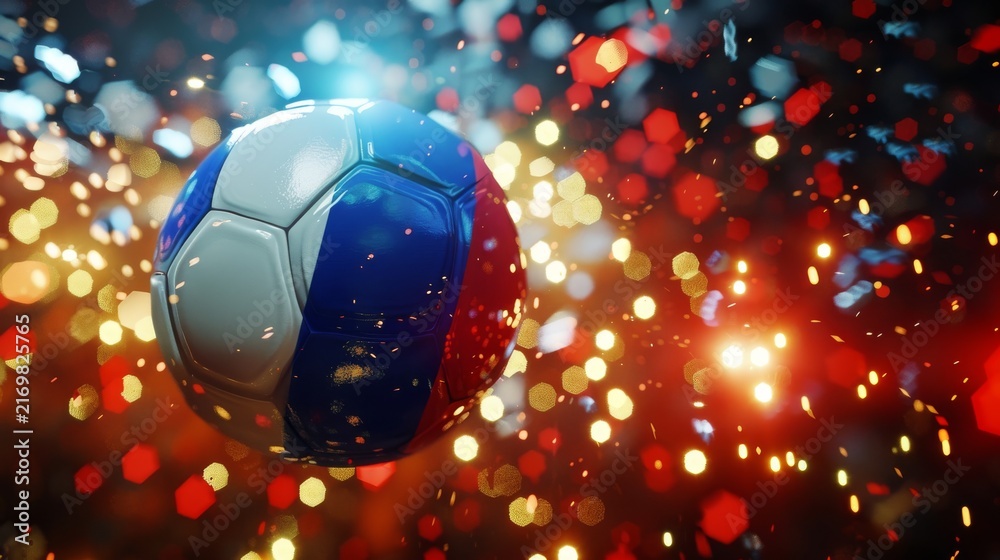 Fototapeta premium Floating soccer ball surrounded by vibrant colors and sparkling lights in a festive atmosphere