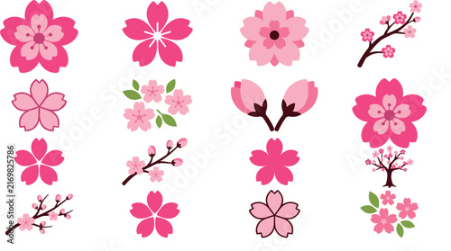 Pink Sakura Cherry Blossom Flower Icon Set Featuring Branches Buds Leaves and Tree Shapes for Spring Graphic Design Patterns and Illustrations