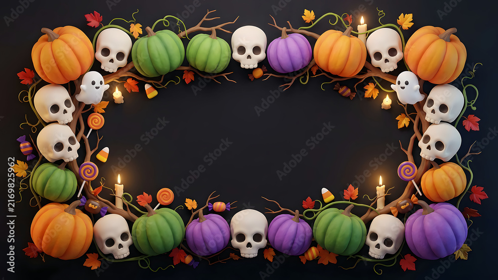 Fototapeta premium Halloween frame with colorful pumpkins skulls and candles on a dark background for festive party decoration and spooky holiday design